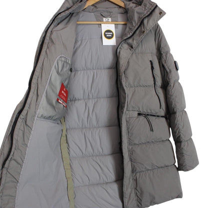 CP Company Grey Nycra-R Full Zip Lens Down Hooded Puffer Coat