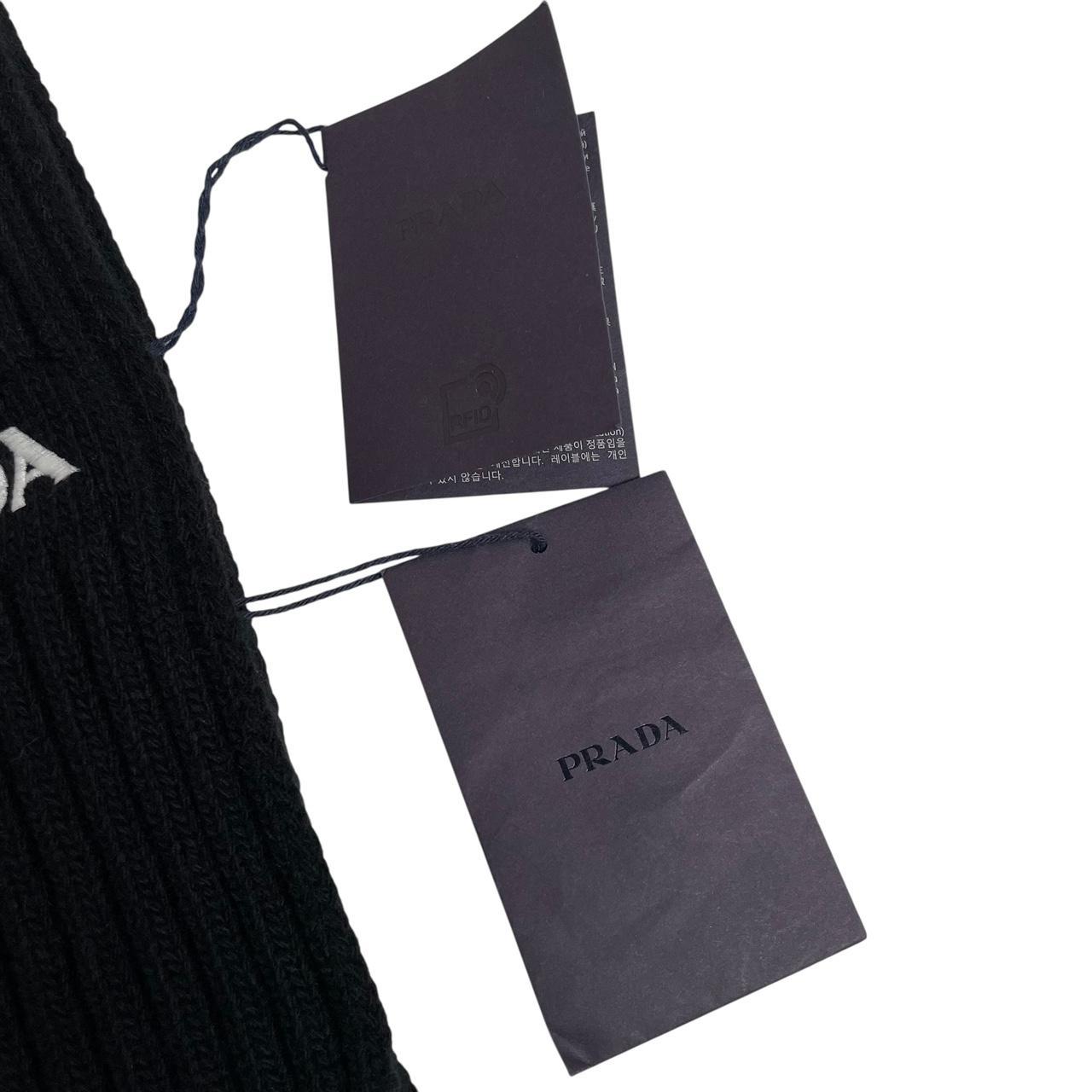 Prada Black and White Cashmere Wool Knit Logo Scarf