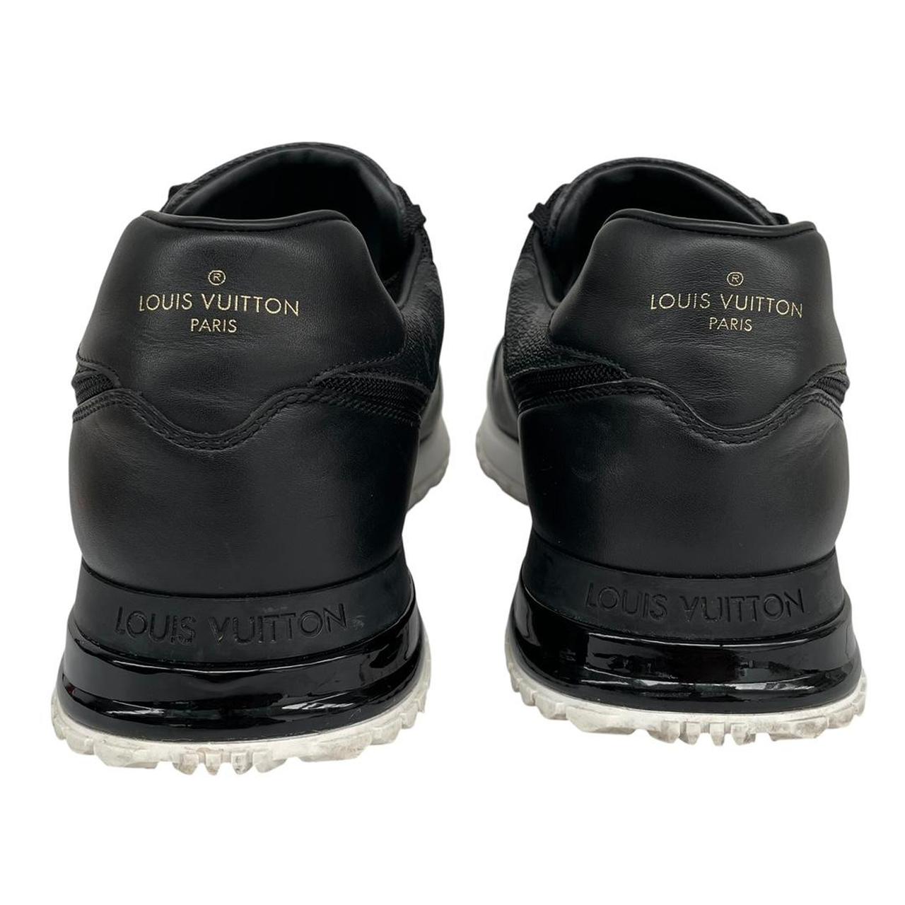Louis Vuitton black trainers featuring monogram pattern and leather-mesh material.