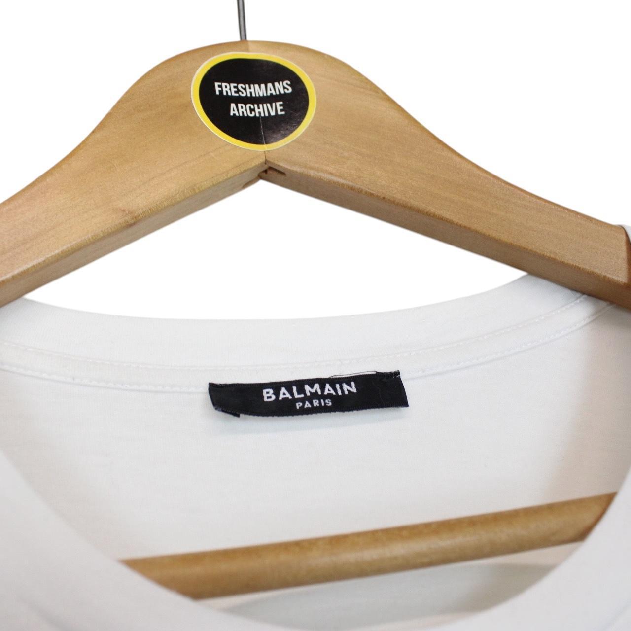 Balmain Paris White and Metallic Gold Logo Print Short Sleeve T-Shirt