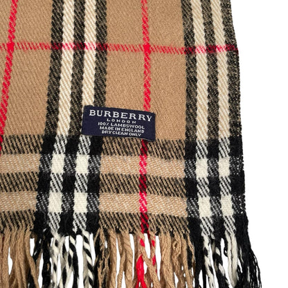 Burberry tan brown lambswool scarf with iconic Nova Check pattern.
