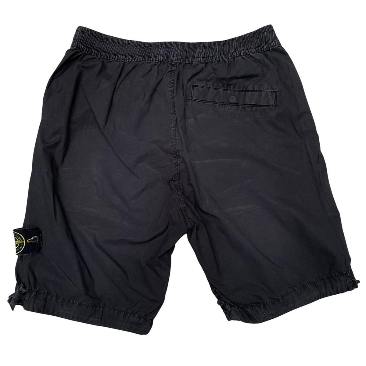 Stone Island black cargo shorts with logo patch and cotton material, size medium.