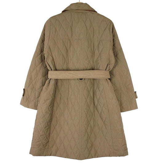 Burberry tan brown belted coat with diamond quilted pattern and logo detailing.