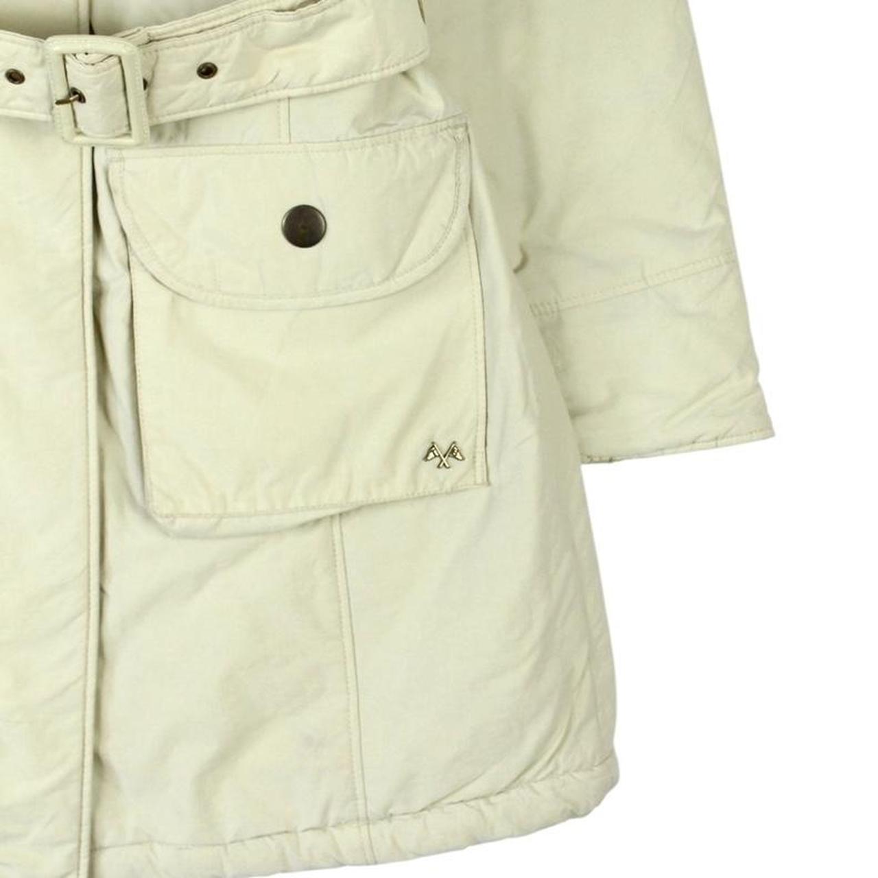 Burberry cream belted down jacket with classic logo and quilted texture.