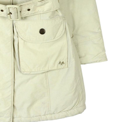 Burberry cream belted down jacket with classic logo and quilted texture.