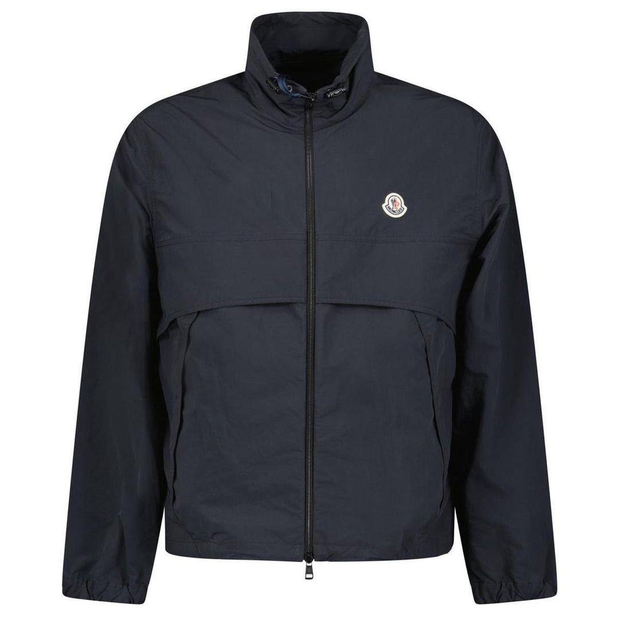 Moncler black windbreaker jacket with full zip, logo patch on sleeve, lightweight material.