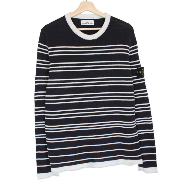 Stone Island navy blue and white striped cotton knit jumper with logo patch.