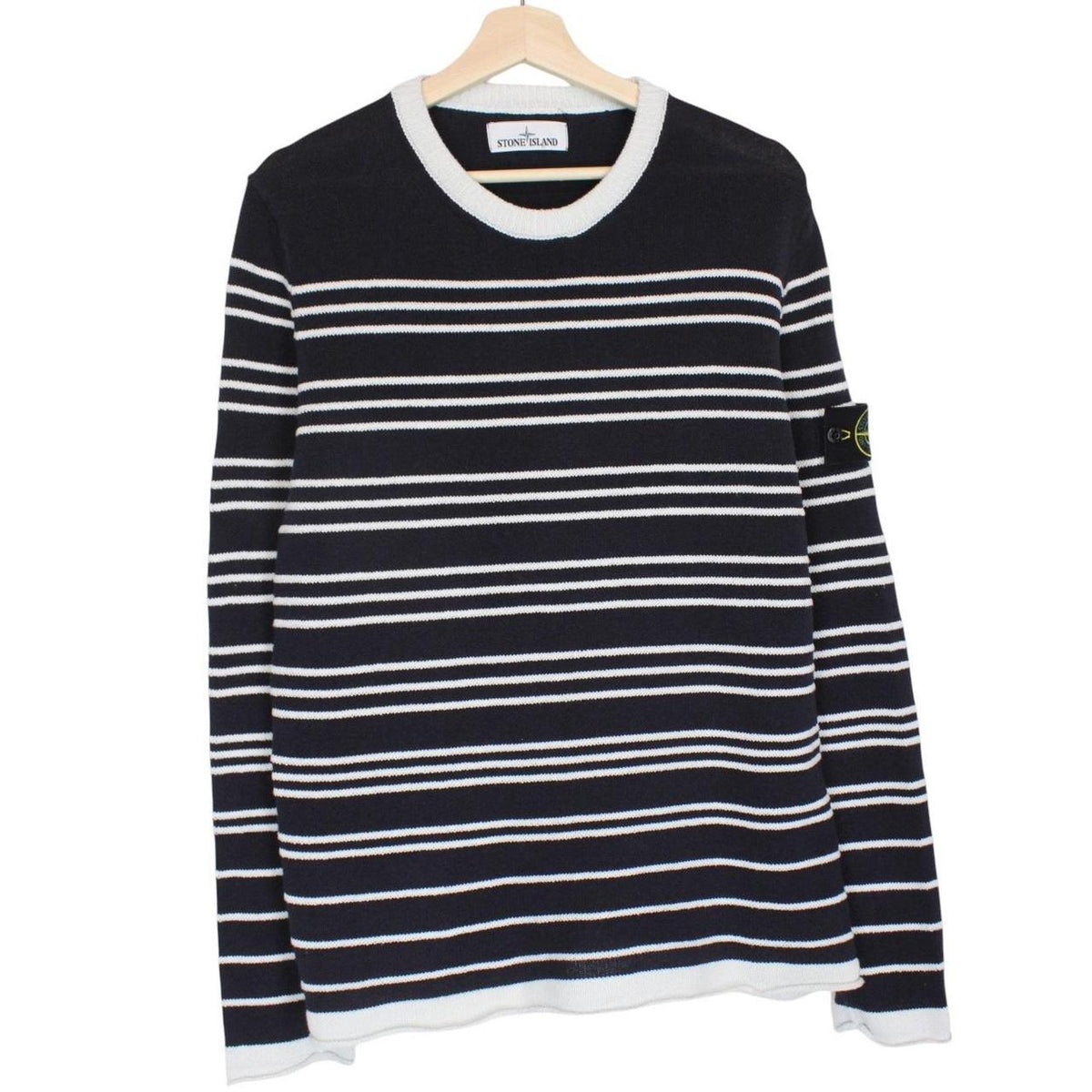 Stone Island navy blue and white striped cotton knit jumper with logo patch.
