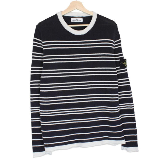 Stone Island navy blue and white striped cotton knit jumper with logo patch.