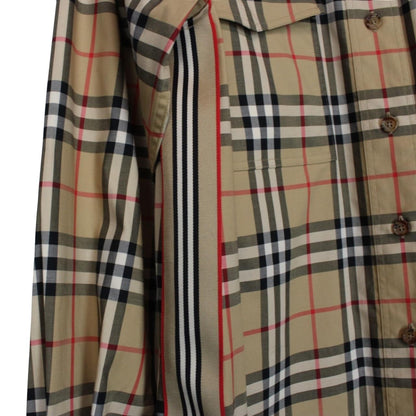 Burberry tan brown long sleeve shirt with Nova Check pattern and logo detail.