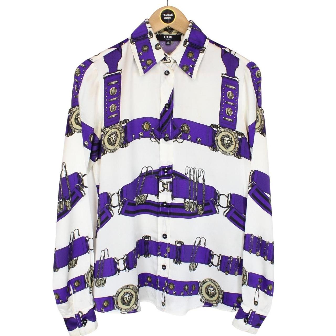 Versus Versace Cream and Purple Long Sleeve Belt Print Silk Shirt