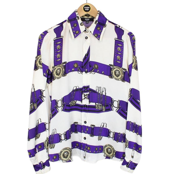 Versus Versace Cream and Purple Long Sleeve Belt Print Silk Shirt