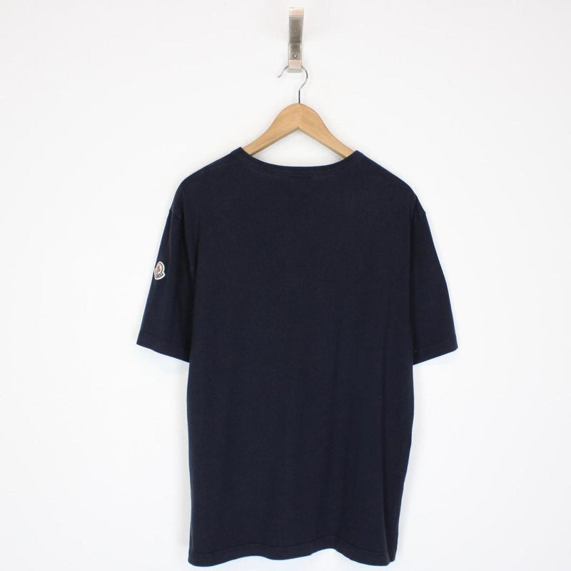 Moncler Navy Blue and White Mesh Stripe Short Sleeve Cotton T-Shirt
