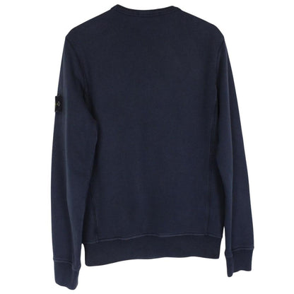 Stone Island navy blue cotton sweatshirt with iconic compass logo and ribbed cuffs.