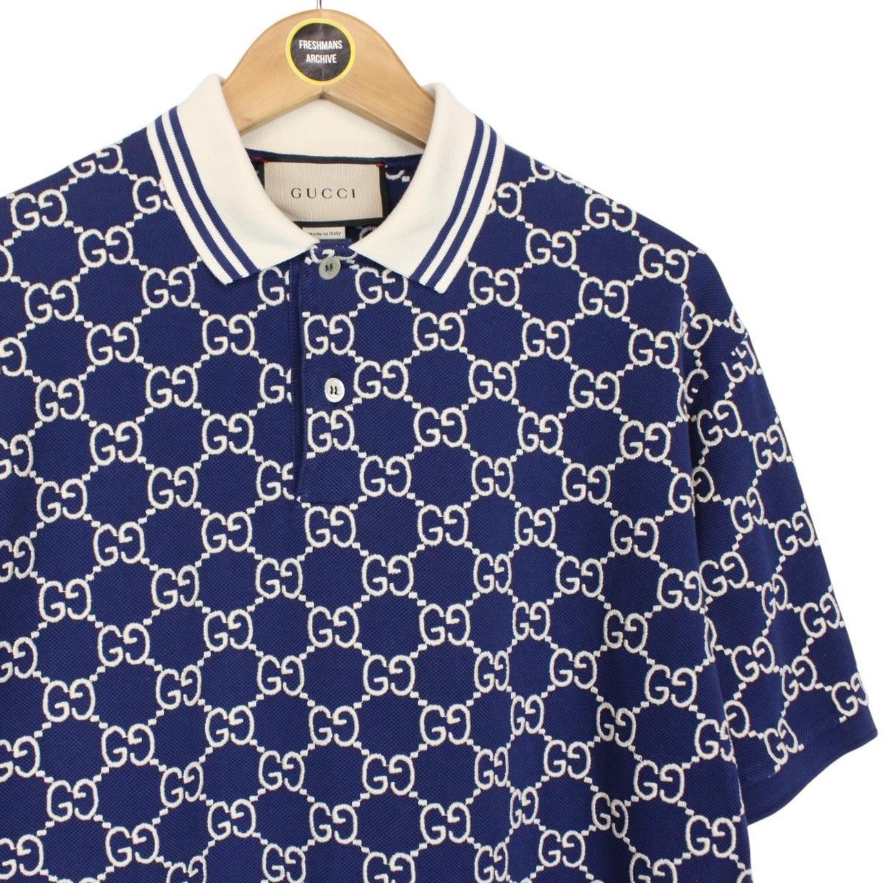 Gucci Navy Blue Jacquared Logo Embroidered Cotton Blend Short Sleeve Polo Shirt