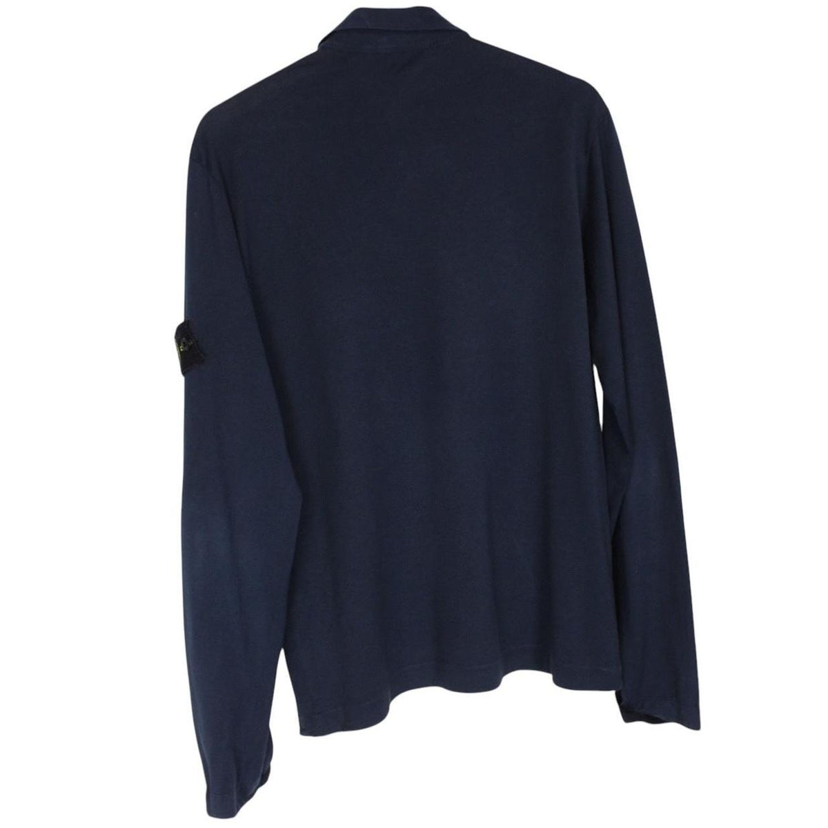Stone Island navy blue long sleeve polo shirt with iconic compass logo on chest.