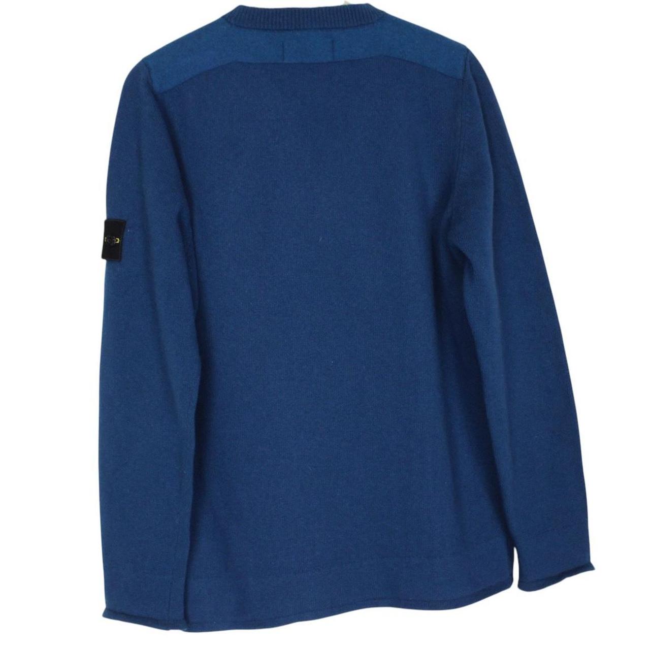 Stone Island blue wool knit jumper with logo patch and ribbed cuffs.