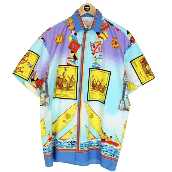 Vintage 90s Versace Sport Multicoloured Ships Print Short Sleeve Cotton Shirt