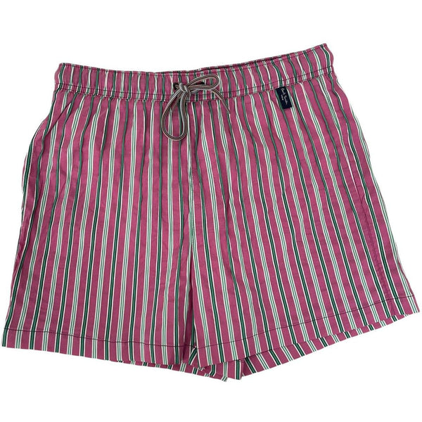 Paul Smith red swim shorts with striped pattern and cotton material.