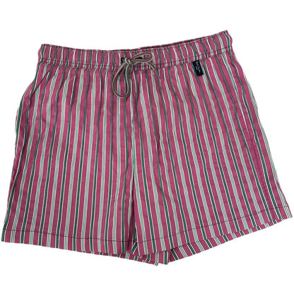 Paul Smith red swim shorts with striped pattern and cotton material.