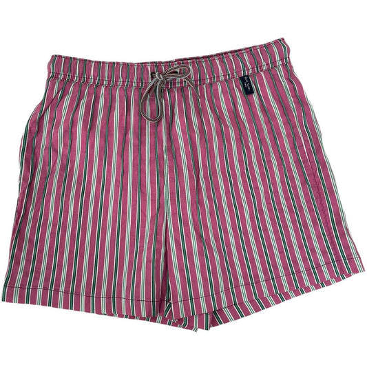 Paul Smith red swim shorts with striped pattern and cotton material.