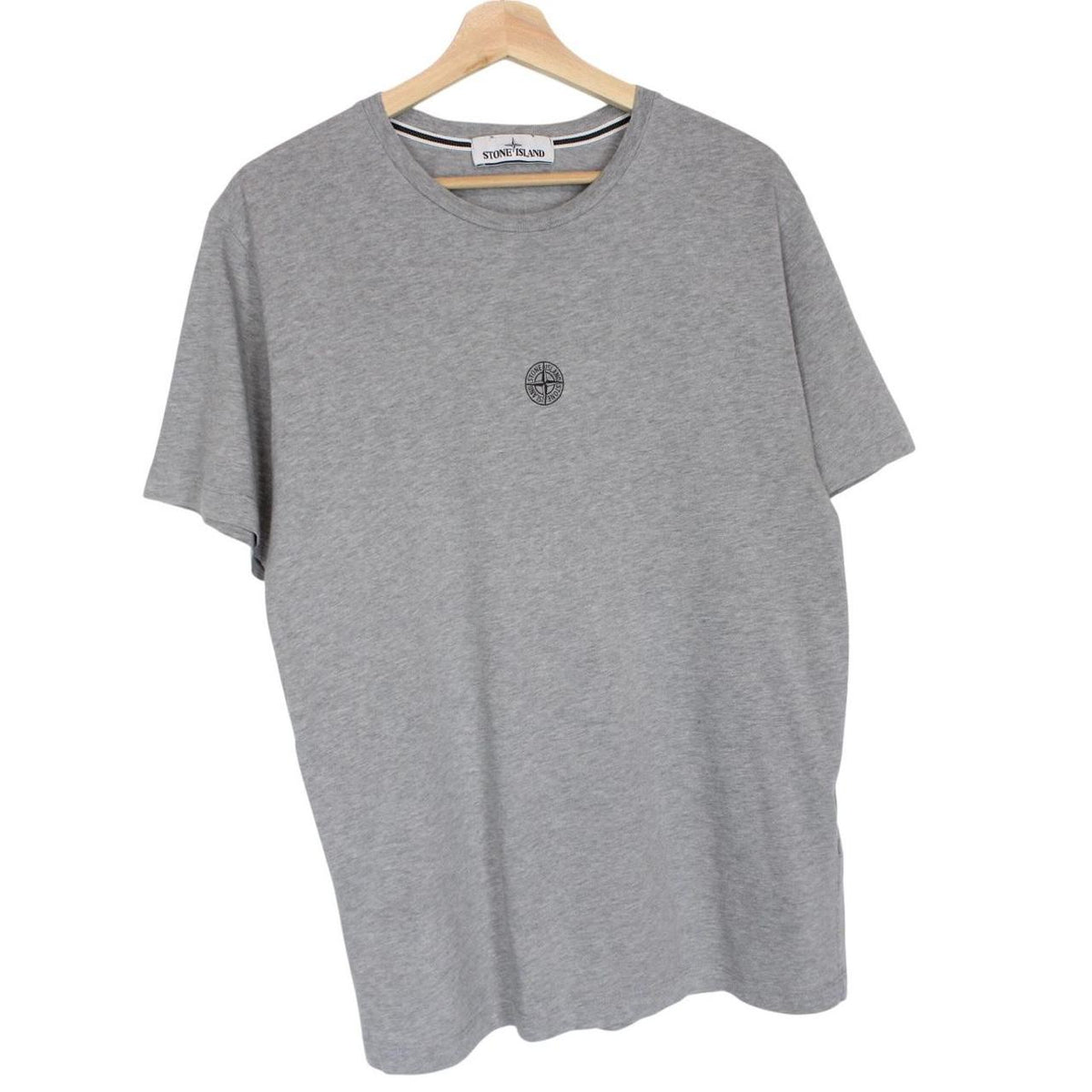 Stone Island grey short sleeve cotton t-shirt with logo print and visible stains.