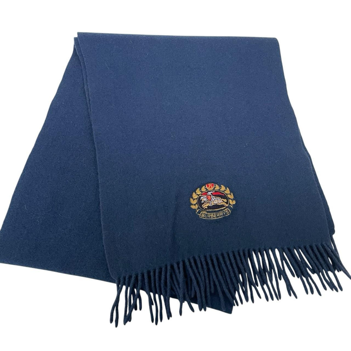 Burberry blue lambswool scarf with embroidered logo and vintage 90s design.