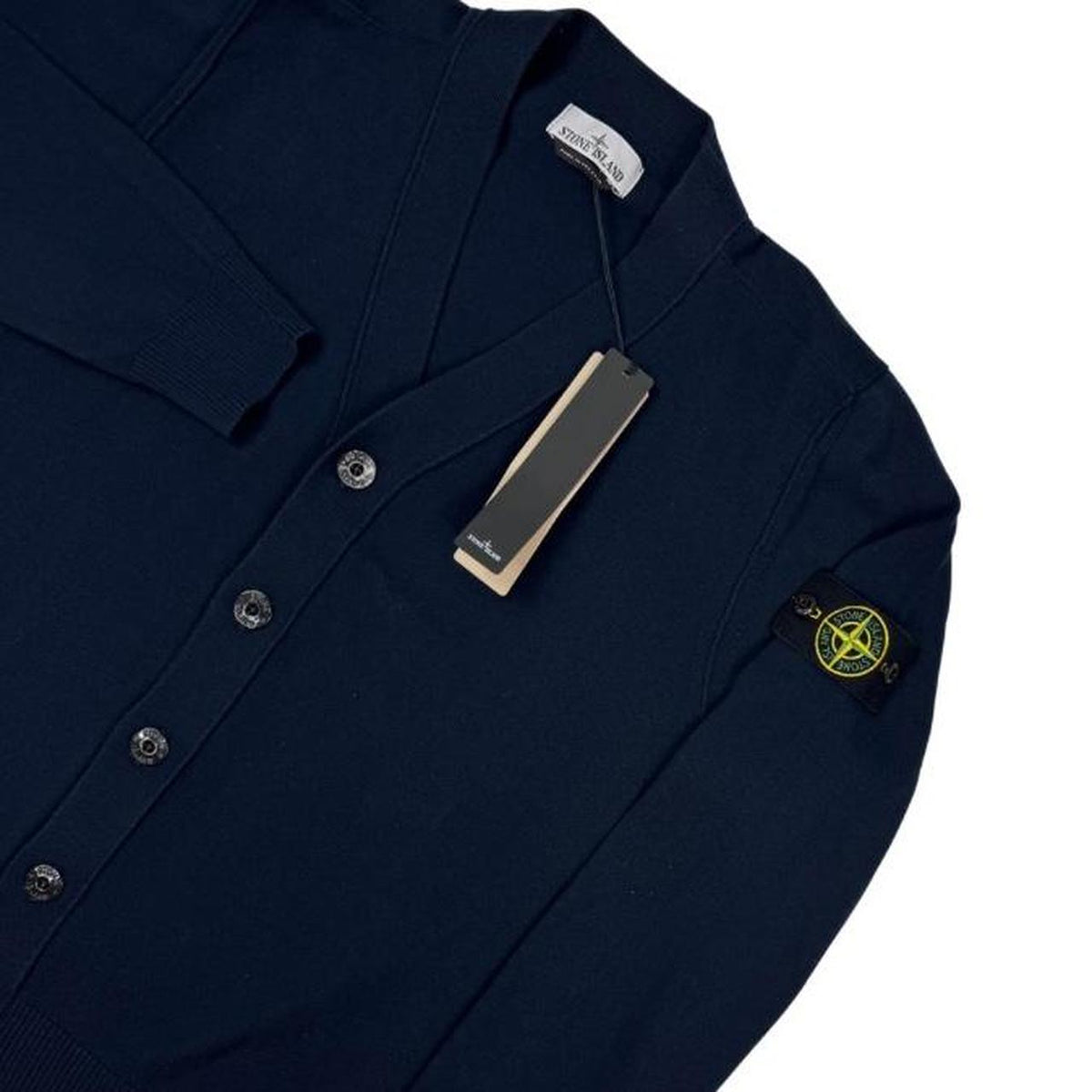 Stone Island navy blue cardigan jumper soft organic cotton with logo badge detail.