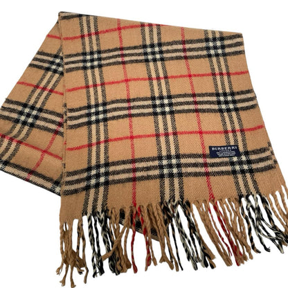 Burberry tan brown lambswool scarf with iconic Nova Check pattern.