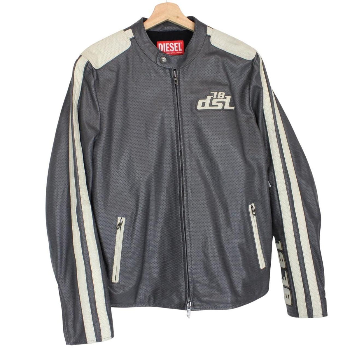 Diesel grey leather jacket with full zip and subtle logo detailing.