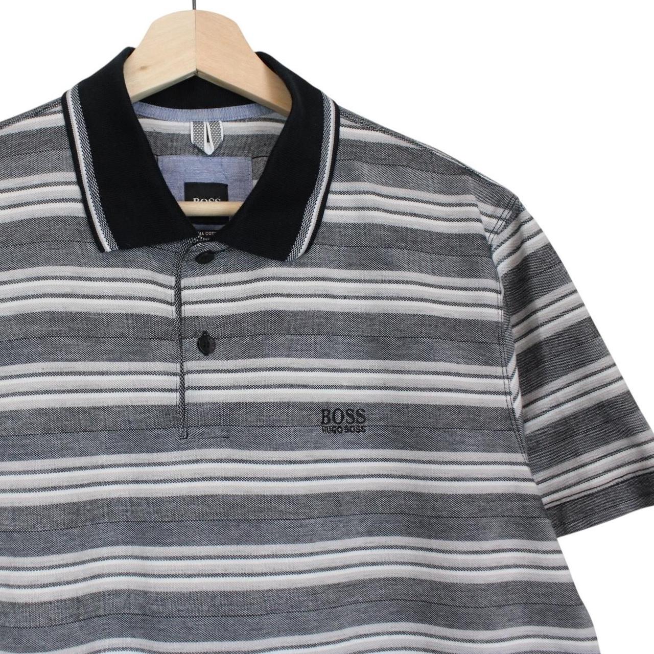 Hugo Boss grey striped short sleeve polo shirt in soft pima cotton fabric.