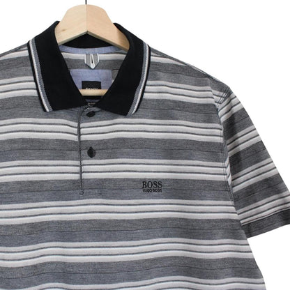 Hugo Boss grey striped short sleeve polo shirt in soft pima cotton fabric.