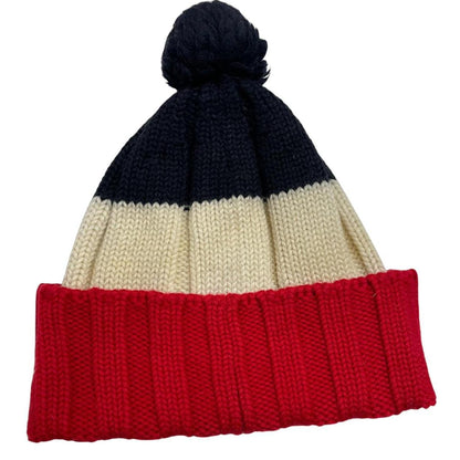 Moncler cream beanie hat with colour block design and embroidered logo.