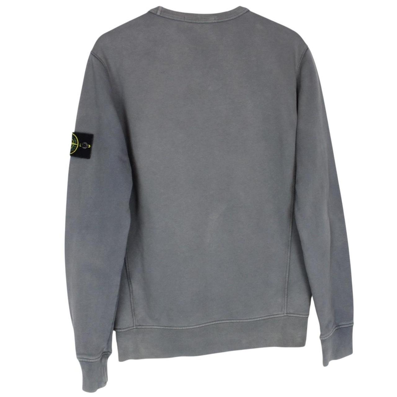 Stone Island grey cotton sweatshirt with embroidered compass logo and slight discolouration.