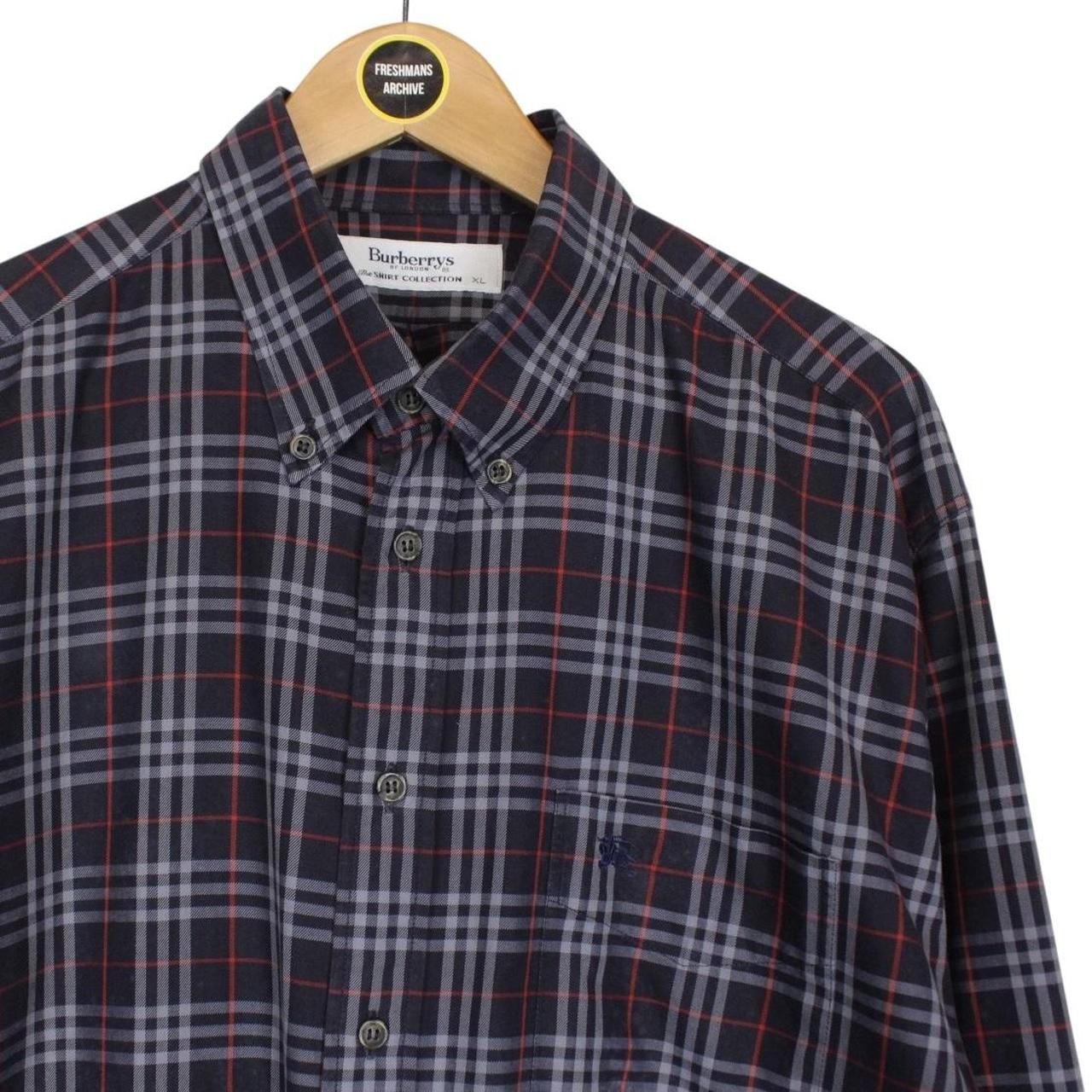 Vintage 90s Burberry Navy Blue Nova Check Long Sleeve Cotton Shirt