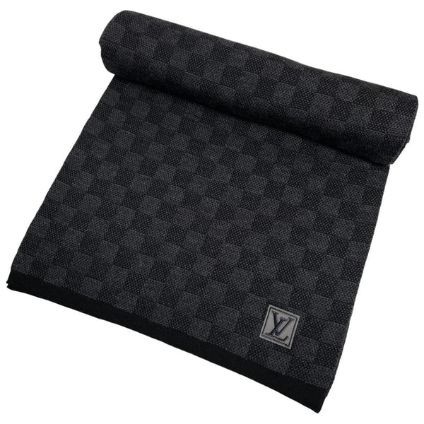 Louis Vuitton wool scarf black grey Damier pattern with tags and logo.