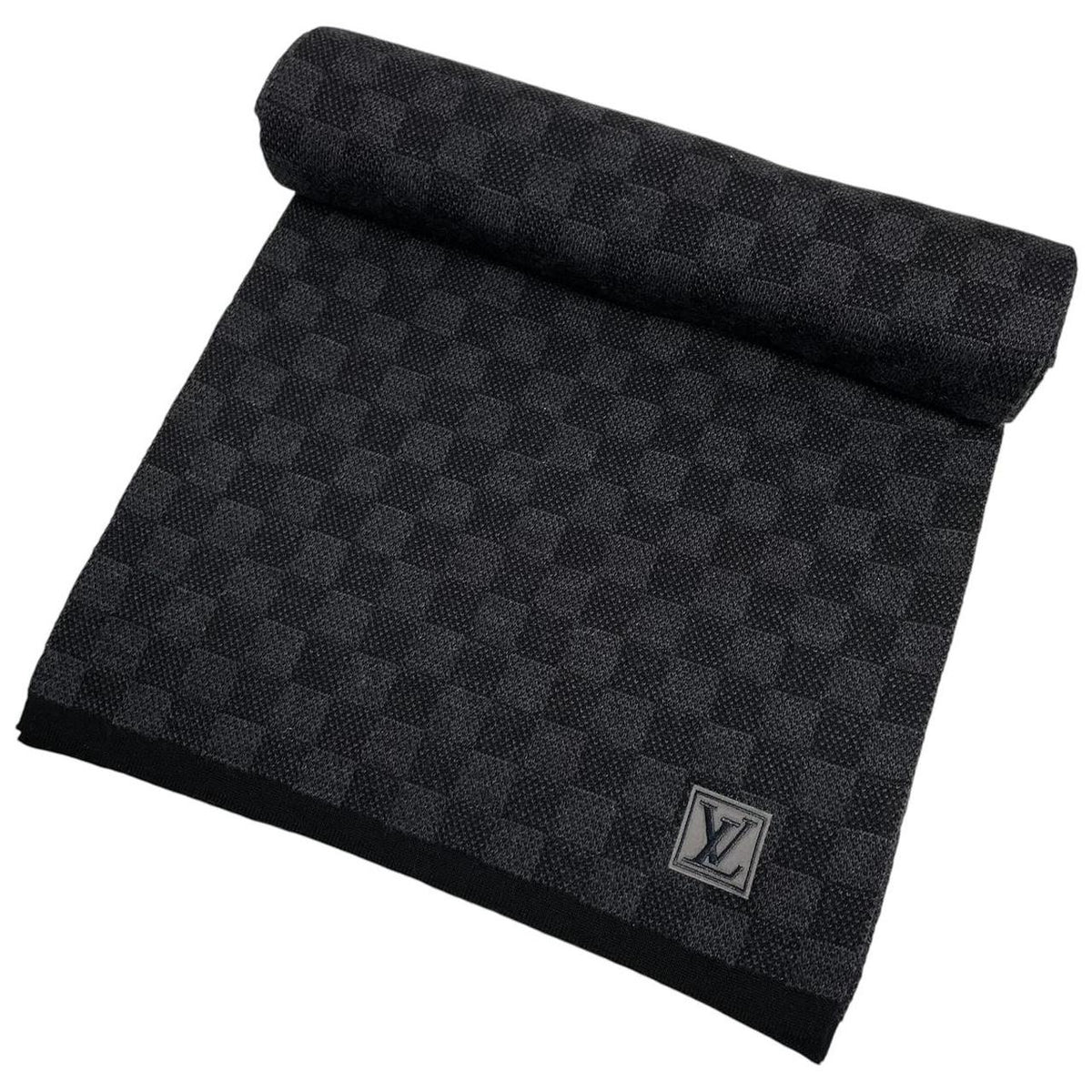 Louis Vuitton wool scarf black grey Damier pattern with tags and logo.