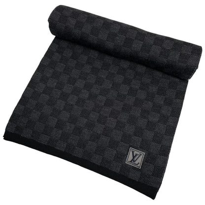 Louis Vuitton wool scarf black grey Damier pattern with tags and logo.