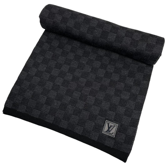 Louis Vuitton wool scarf black grey Damier pattern with tags and logo.
