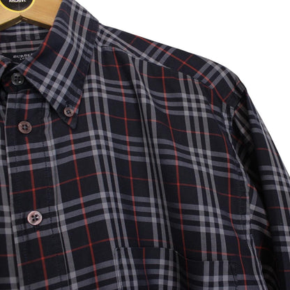 Vintage Burberry London Navy Blue Nova Check Long Sleeve Cotton Shirt