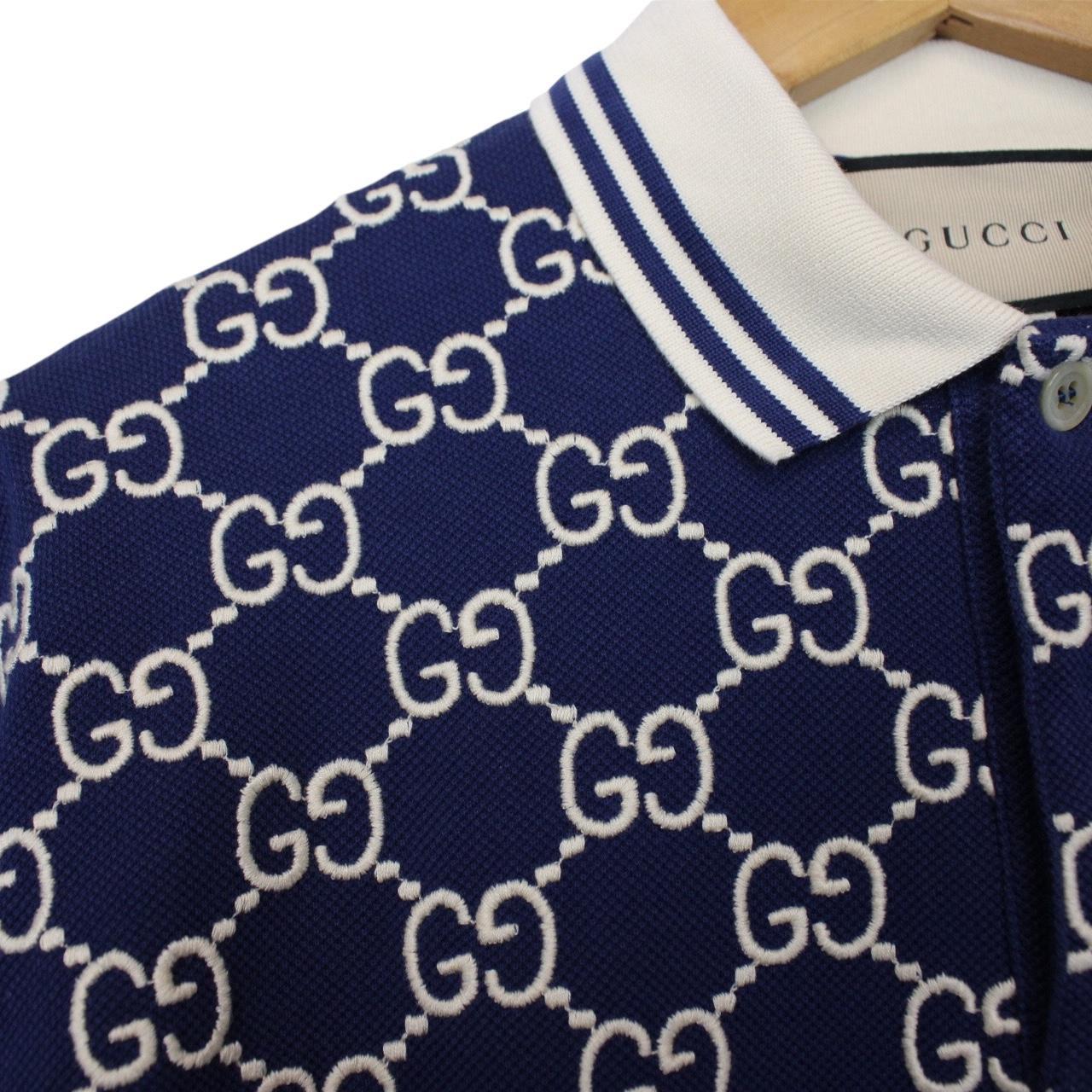 Gucci Navy Blue Jacquared Logo Embroidered Cotton Blend Short Sleeve Polo Shirt