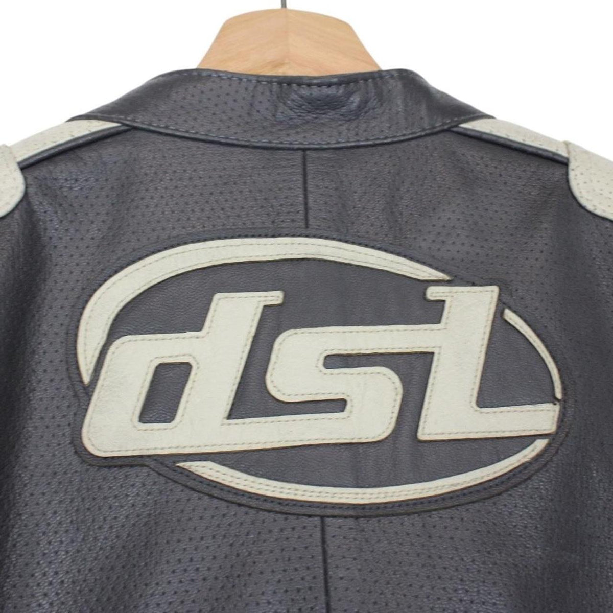 Diesel grey leather jacket with full zip and subtle logo detailing.