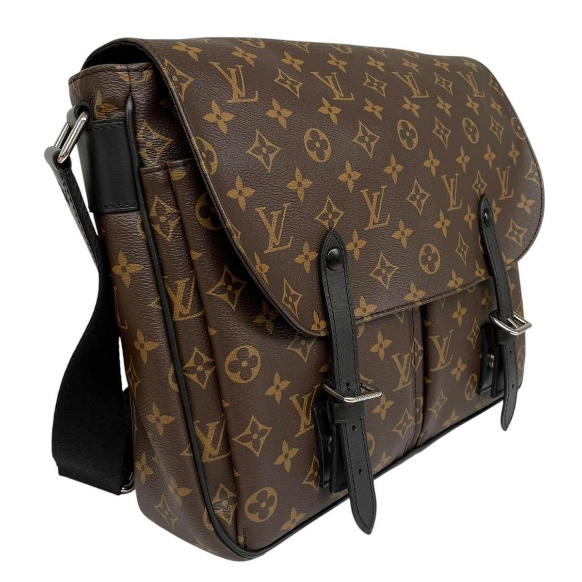Louis Vuitton brown canvas messenger bag with monogram pattern and silver hardware.