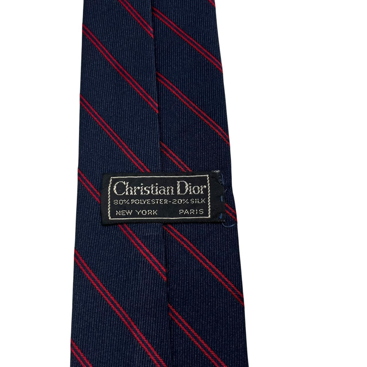 Christian Dior navy blue and red striped tie, silk/polyester blend, vintage design.