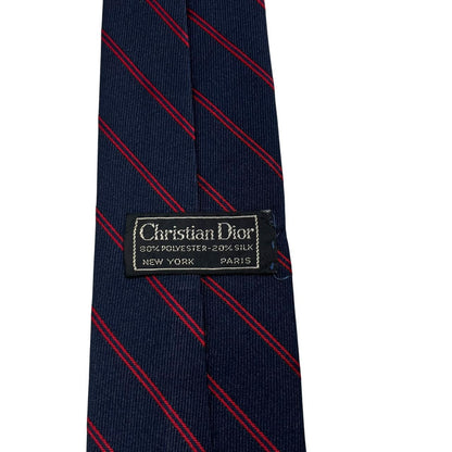 Christian Dior navy blue and red striped tie, silk/polyester blend, vintage design.