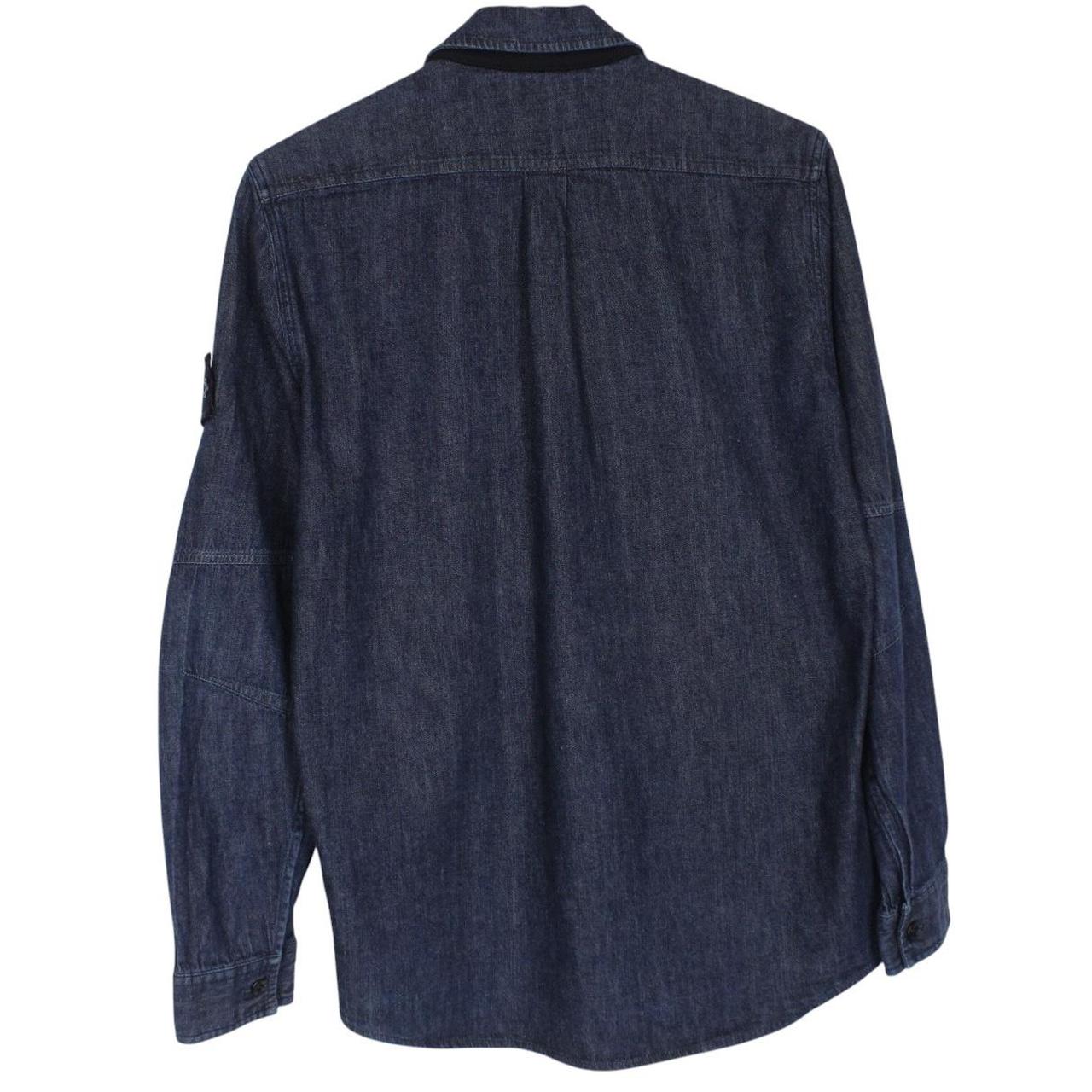 Stone Island navy blue denim overshirt jacket with full zip and logo patch.
