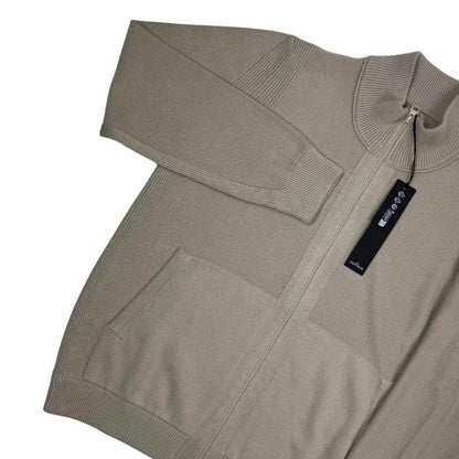 Stone Island beige knit jumper with stand collar, ribbed trims, and monochromatic badge.