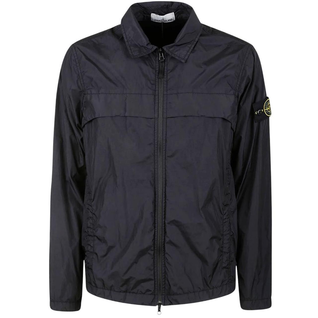 Stone Island black overshirt jacket with full zip, two zipped pockets, and snap button cuffs.