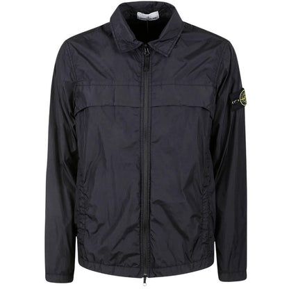Stone Island black overshirt jacket with full zip, two zipped pockets, and snap button cuffs.