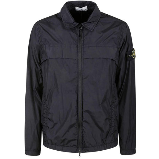 Stone Island black overshirt jacket with full zip, two zipped pockets, and snap button cuffs.